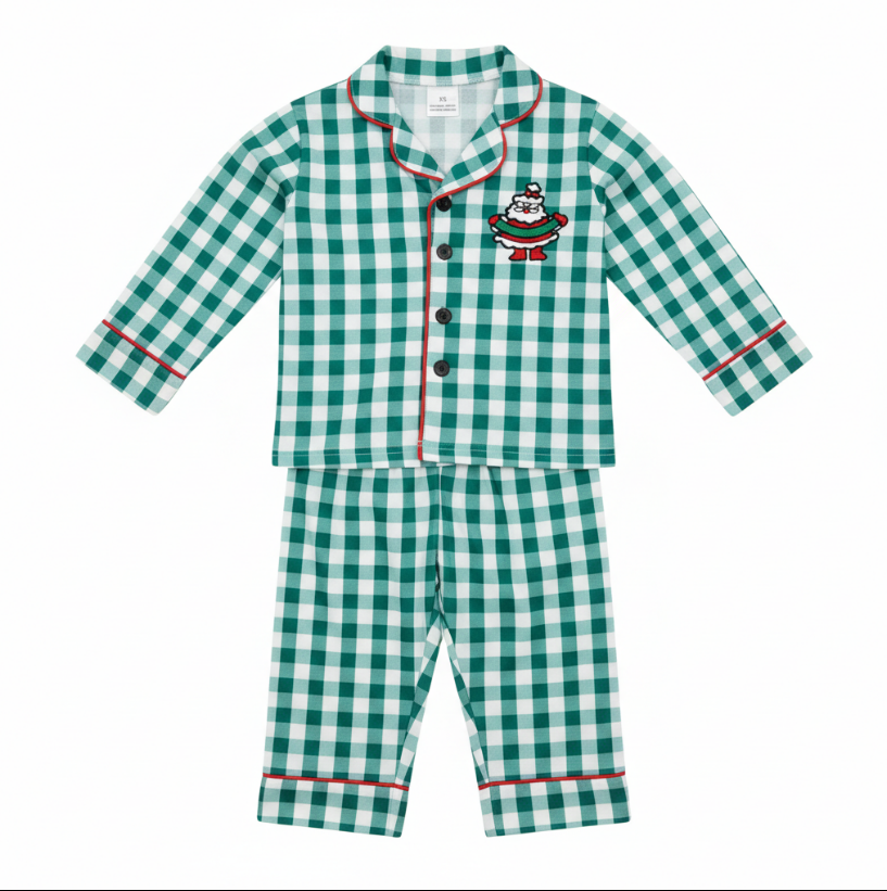 Boys Green Plaid Santa Pajama Set – Holiday Button-Up Sleepwear with Red Piping & Embroidered Santa