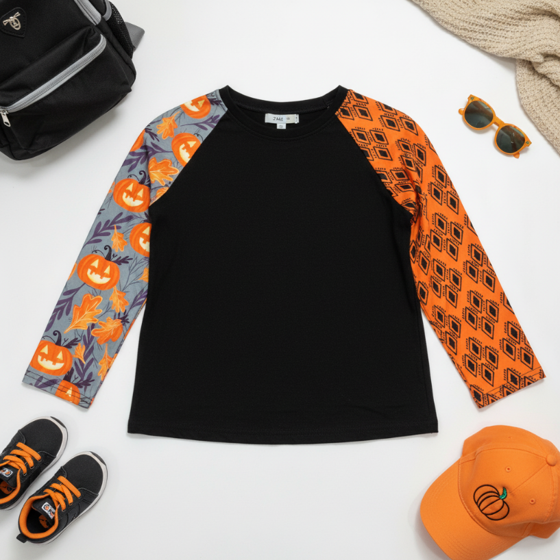 Boys Pumpkin Patch Halloween Shirt – Black Long Sleeve Tee with Mixed Print Sleeves & Fall Graphics