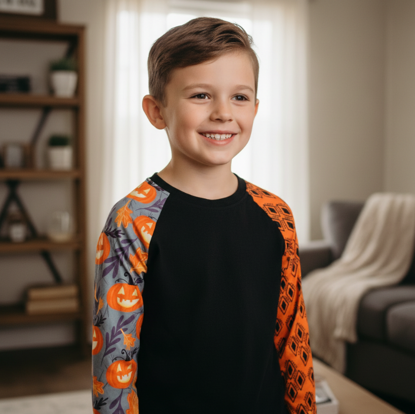 Boys Pumpkin Patch Halloween Shirt – Black Long Sleeve Tee with Mixed Print Sleeves & Fall Graphics