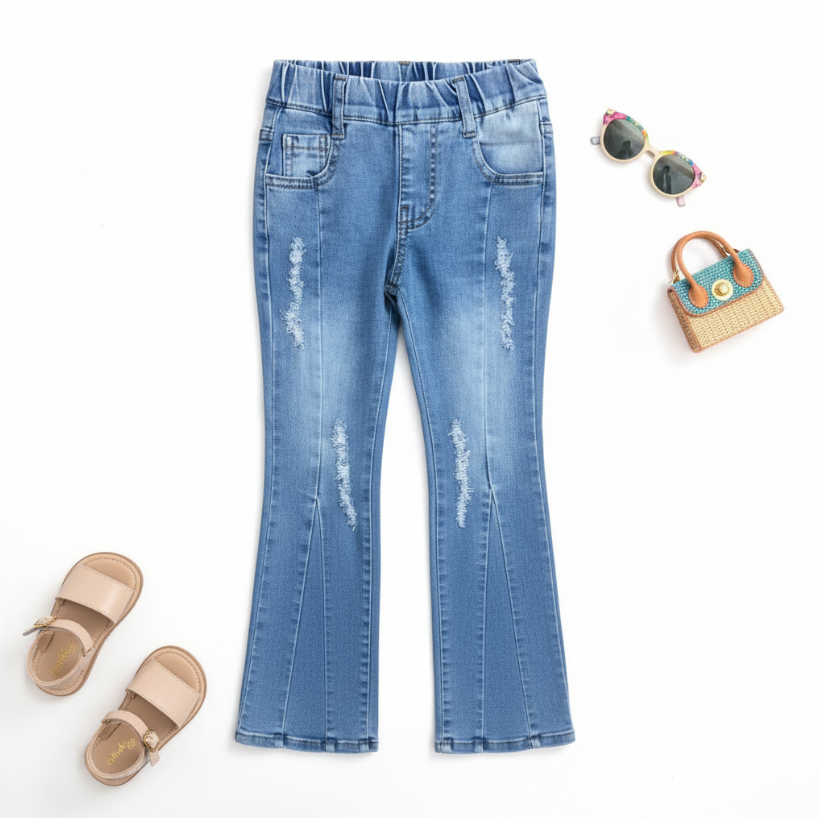 Girls Faded Denim Bell Bottom Jeans – Distressed Flare Pants with Elastic Waistband