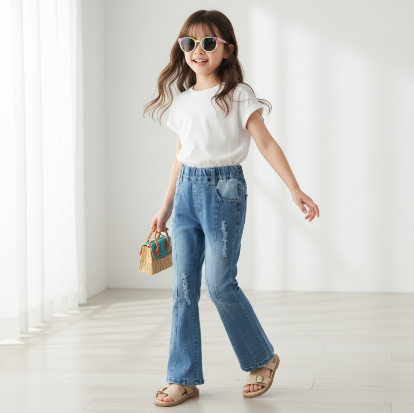 Girls Faded Denim Bell Bottom Jeans – Distressed Flare Pants with Elastic Waistband