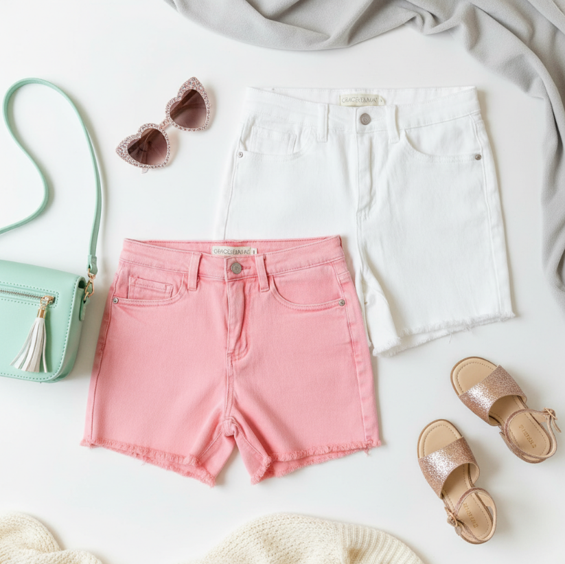 Girls Lola Distressed Denim Shorts – White & Pink Summer Cutoffs with Frayed Hem and Stretch Waist