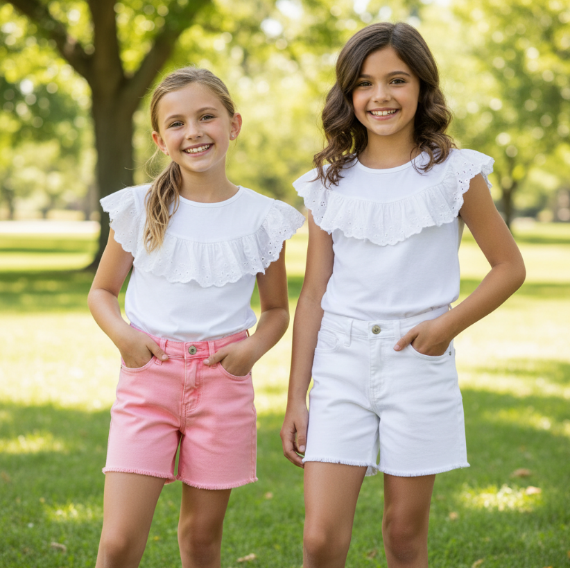 Girls Lola Distressed Denim Shorts – White & Pink Summer Cutoffs with Frayed Hem and Stretch Waist