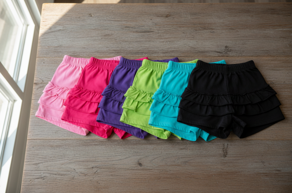 Girls Ruffled Back Shorts – Colorful Summer Bloomers with Double-Layer Frill & Elastic Waist