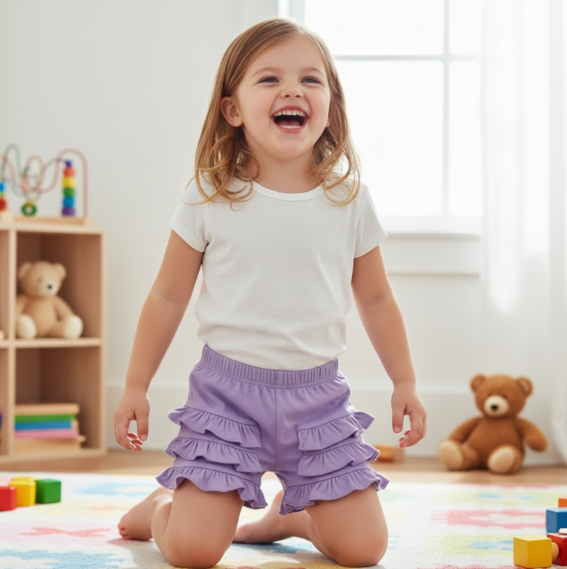 Girls Ruffled Back Shorts – Colorful Summer Bloomers with Double-Layer Frill & Elastic Waist