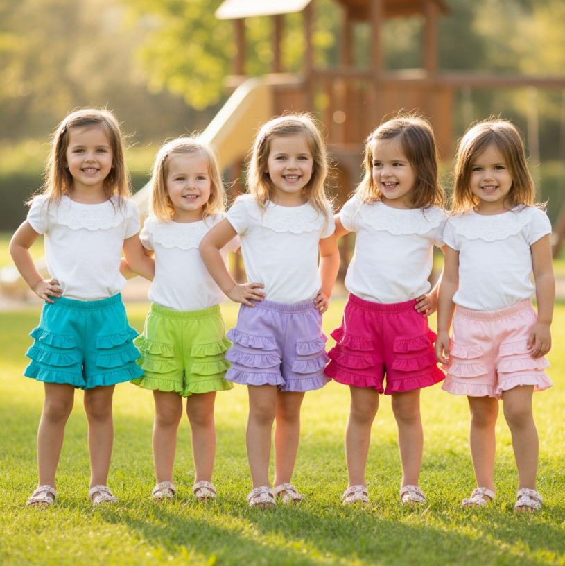 Girls Ruffled Back Shorts – Colorful Summer Bloomers with Double-Layer Frill & Elastic Waist