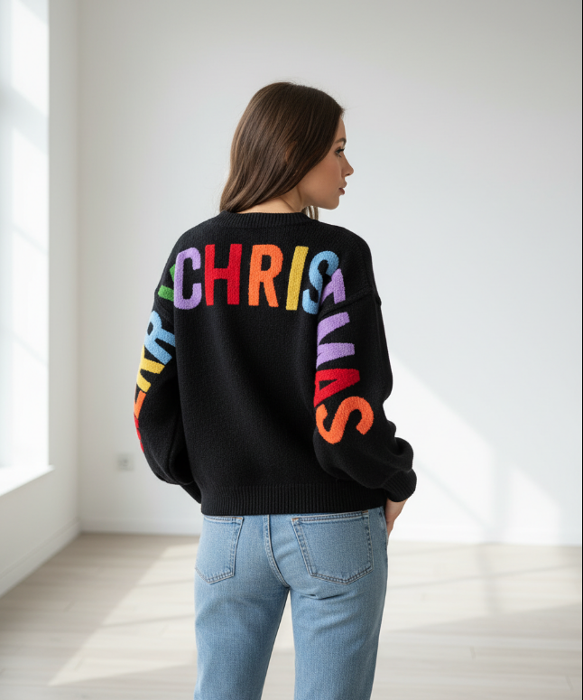 Merry Christmas Colorblock Sweater – Bold Holiday Knit with Multicolor Lettering