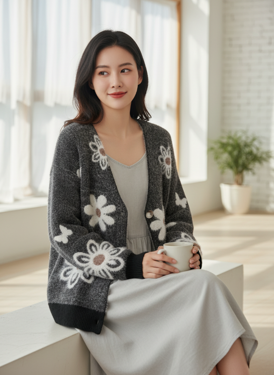 Daisy Pattern Fuzzy Knit Cardigan – Soft Floral Button-Up Sweater for Women