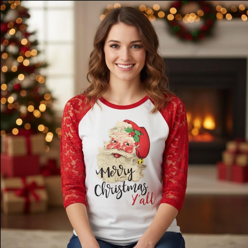 Merry Christmas Y’all Lace Sleeve Shirt – Vintage Santa Graphic Holiday Top for Women