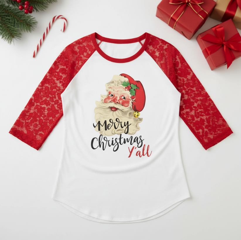 Merry Christmas Y’all Lace Sleeve Shirt – Vintage Santa Graphic Holiday Top for Women