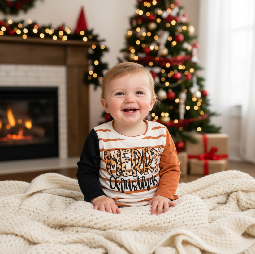 Merry Christmas Leopard Stripe Shirt – Kids Holiday Tee with Gold Accents & Mixed Sleeves