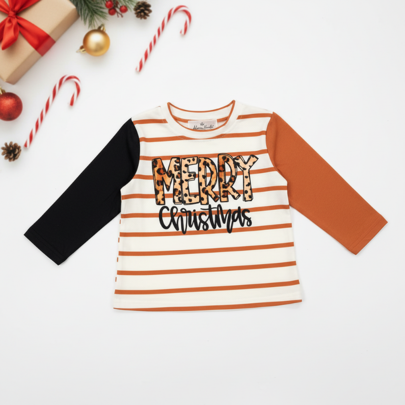 Merry Christmas Leopard Stripe Shirt – Kids Holiday Tee with Gold Accents & Mixed Sleeves