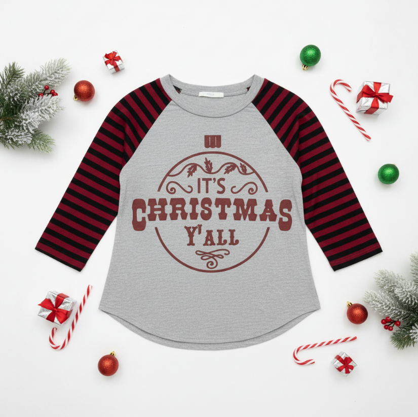 It’s Christmas Y’all Long Sleeve Shirt – Southern Holiday Tee with Striped Sleeves & Festive Graphic