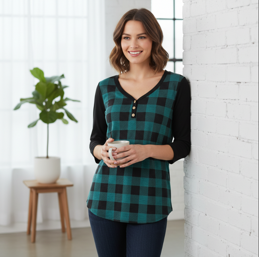 V-Neck Teal/Black Top