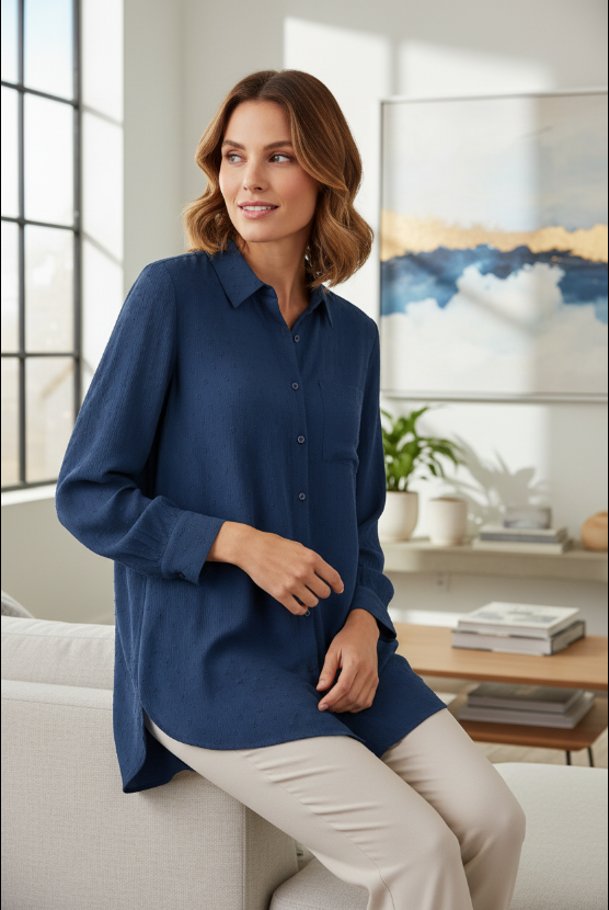 Blue Swiss Dot Button Up