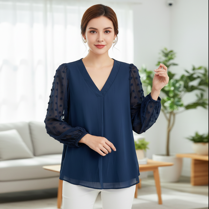 Navy Silk Chiffon Puff Sleeve Blouse – Sheer Polka Dot Sleeve Top with V-Neck for Women