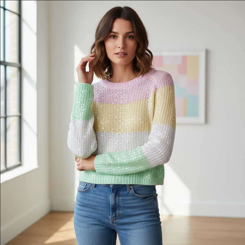 Girls Pastel Colorblock Sequin Sweater – Blush, Mint & Lavender Knit Pullover