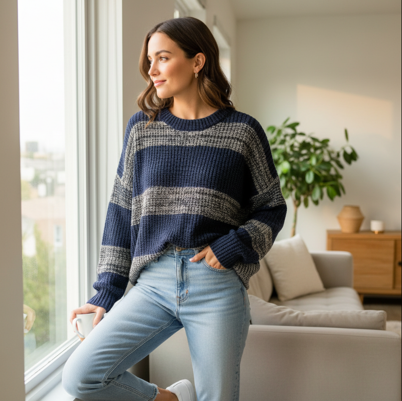 Girls Navy Shimmer Stripe Sweater – Soft Knit Pullover with Metallic Accents & Cozy Fit