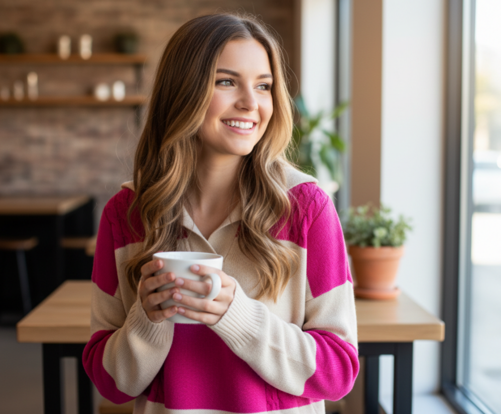 Girls Fuchsia Colorblock V-Neck Sweater – Soft Knit Pullover with Pink & Beige Stripes