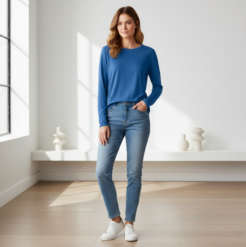 Women’s Long Sleeve Rayon Tunic – Soft Blue Everyday Top with Relaxed Fit & Lightweight Drape