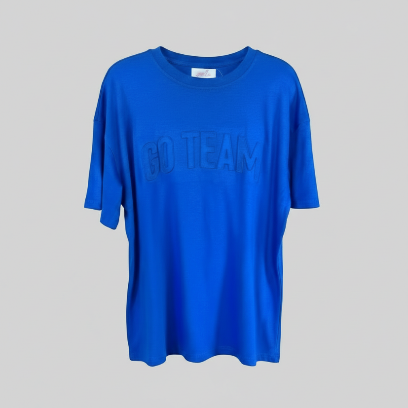 Embossed “GO TEAM” Blue T-Shirt – Bold Sports Graphic Tee for Game Day & Team Spirit