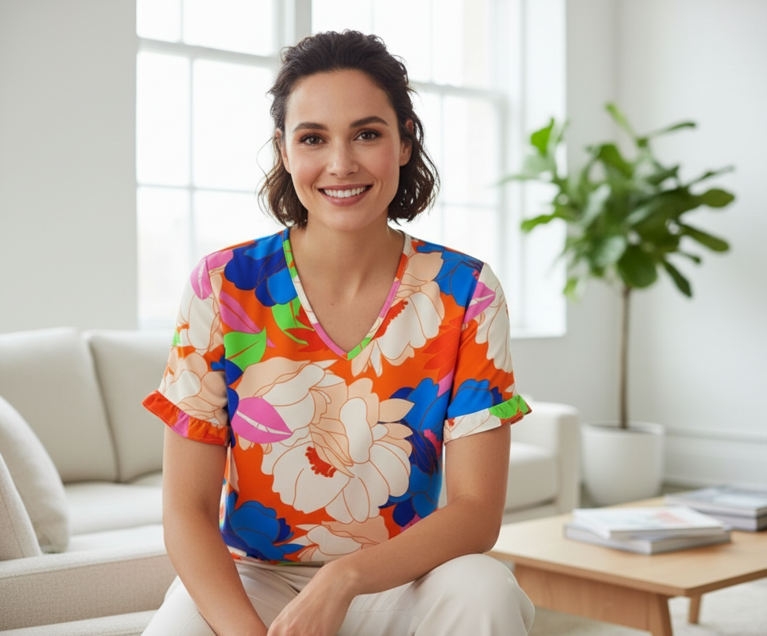 Women’s Sweet Sunshine Floral V-Neck Top – Ruffle Sleeve Orange Blouse with Multicolor Summer Print (PREORDER)