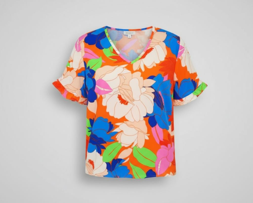 Women’s Sweet Sunshine Floral V-Neck Top – Ruffle Sleeve Orange Blouse with Multicolor Summer Print (PREORDER)
