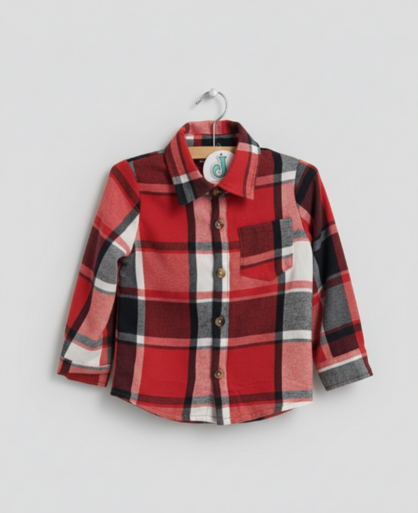 Boys’ Red & Black Plaid Flannel Shirt – Long Sleeve Button-Up with Chest Pocket for Fall & Holiday Wear