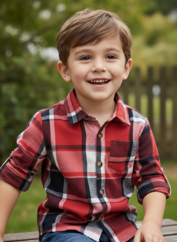 Boys’ Red & Black Plaid Flannel Shirt – Long Sleeve Button-Up with Chest Pocket for Fall & Holiday Wear