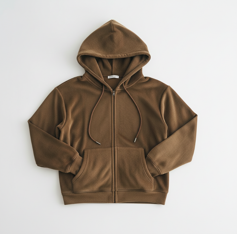 Women’s Soft Luxe Corduroy Zip-Up Hoodie – Brown/Black Ribbed Lounge Jacket with Drawstring & Pockets