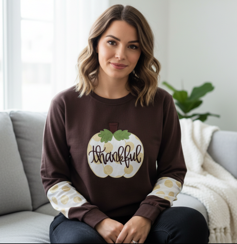 Women’s “Thankful” Brown Crew Neck Sweatshirt – Gold Dot Pumpkin Print Fall Top (Mom & Me Collection)