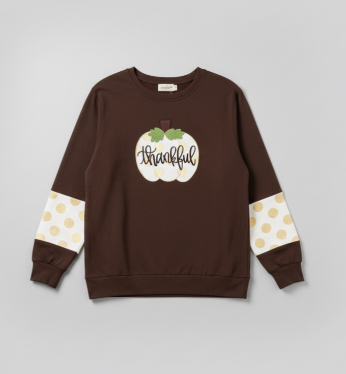 Women’s “Thankful” Brown Crew Neck Sweatshirt – Gold Dot Pumpkin Print Fall Top (Mom & Me Collection)