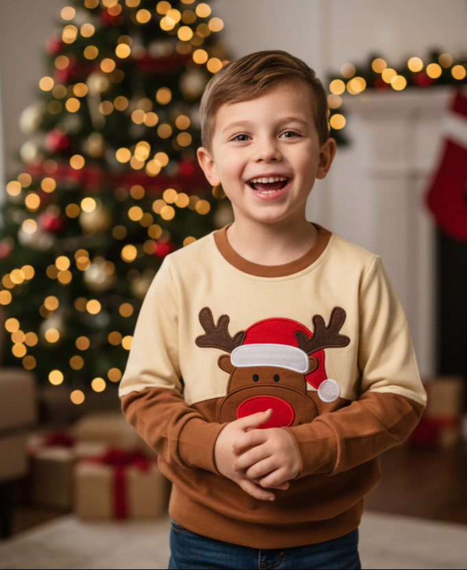Kids’ Tan Reindeer Christmas Shirt – Embroidered Santa Hat Top with Brown Cuffs (Holiday Boutique Style)