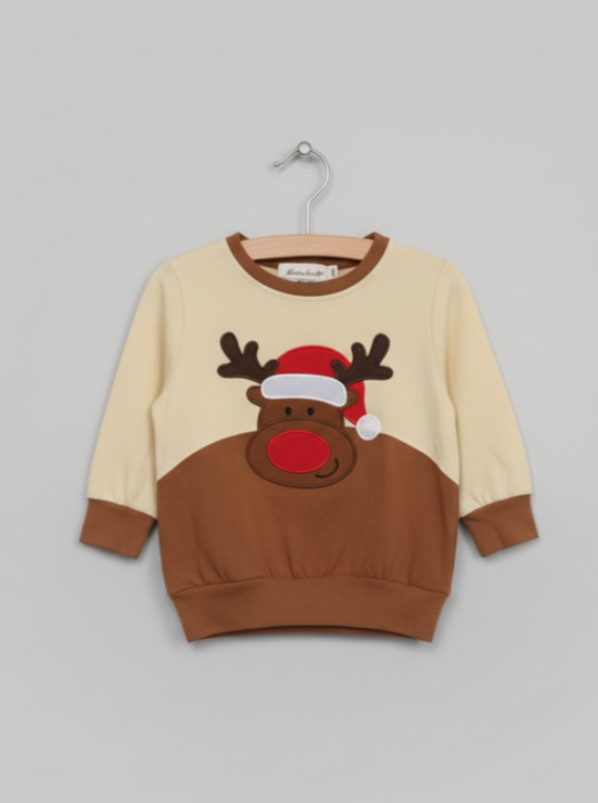 Kids’ Tan Reindeer Christmas Shirt – Embroidered Santa Hat Top with Brown Cuffs (Holiday Boutique Style)