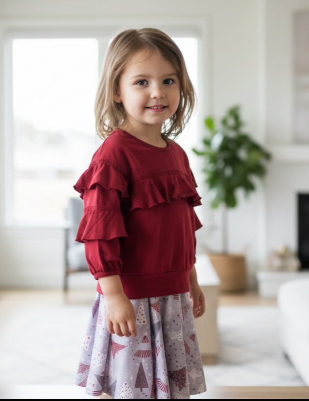 Girls’ “Wonderful Christmas Time” Ruffle Top & Bell Bottom Set – Red Holiday Outfit with Tree Print Pants