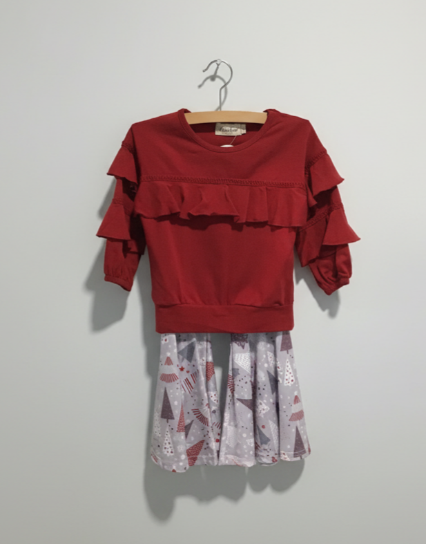 Girls’ “Wonderful Christmas Time” Ruffle Top & Bell Bottom Set – Red Holiday Outfit with Tree Print Pants