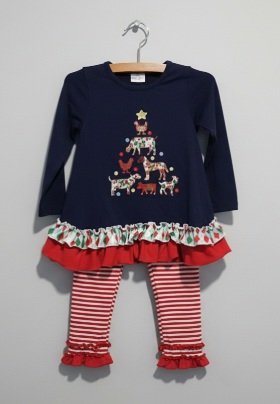 Girls’ Ruffled Christmas Tree Top & Striped Leggings Set – Farm Animal Holiday Outfit with Plaid Trim