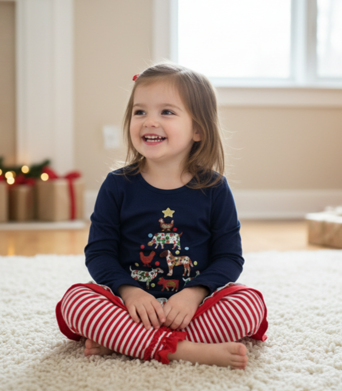 Girls’ Ruffled Christmas Tree Top & Striped Leggings Set – Farm Animal Holiday Outfit with Plaid Trim