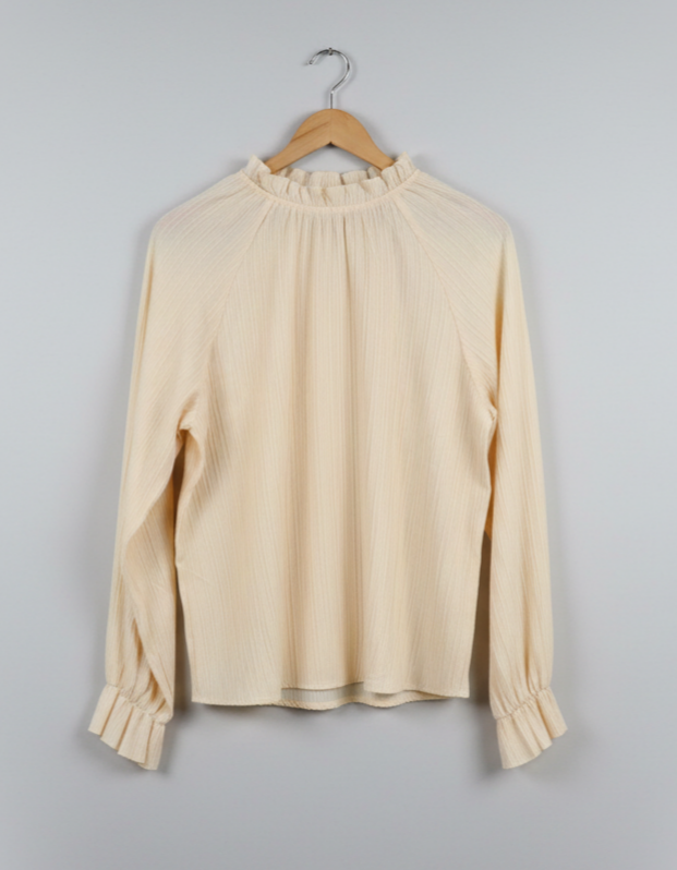 Women’s Crinkle Texture Long Sleeve Blouse – Cream Peasant Top with Elastic Neckline & Puff Sleeves