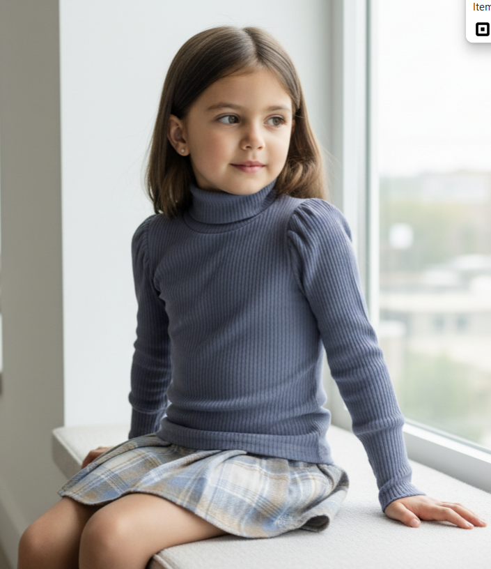 Blue Girls’ Ribbed Turtleneck & Pleated Plaid Skirt Set – Cozy Two-Piece Outfit for Fall & Winter& Plaid Skirt Set