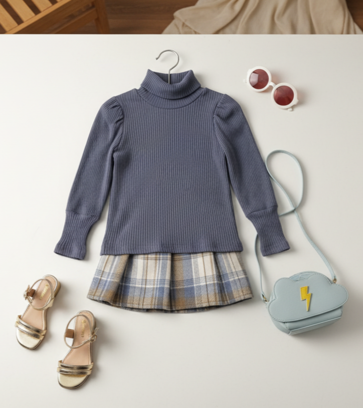 Blue Girls’ Ribbed Turtleneck & Pleated Plaid Skirt Set – Cozy Two-Piece Outfit for Fall & Winter& Plaid Skirt Set