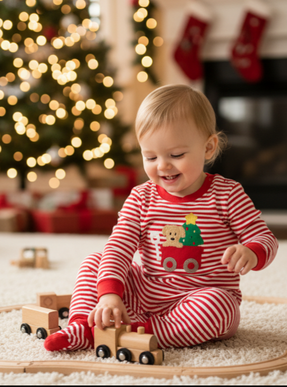 Baby Boys’ Christmas Wagon Romper – Red & White Striped Long Sleeve Holiday Outfit with Puppy & Tree Appliqué