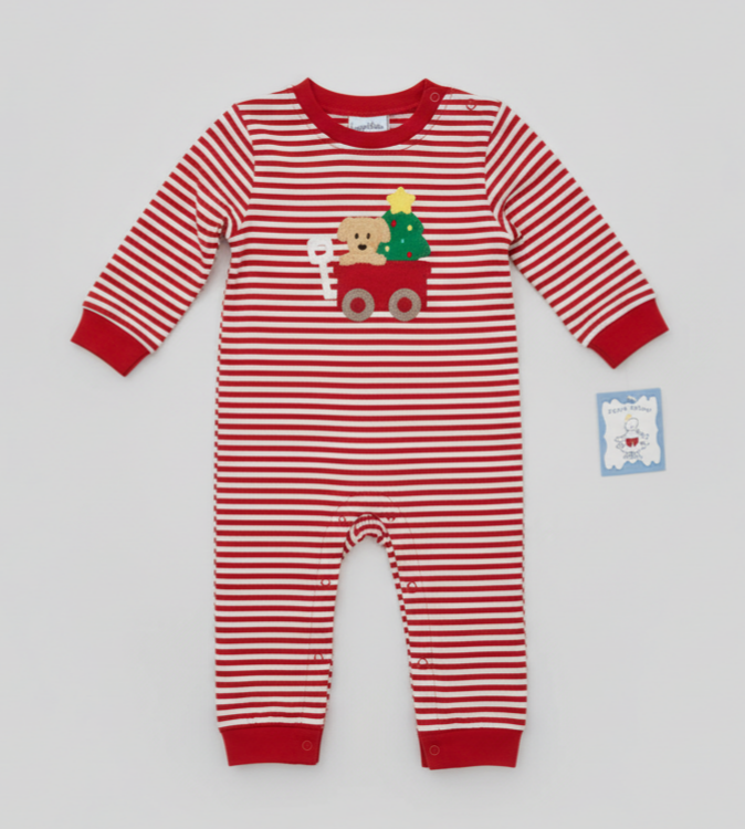 Baby Boys’ Christmas Wagon Romper – Red & White Striped Long Sleeve Holiday Outfit with Puppy & Tree Appliqué