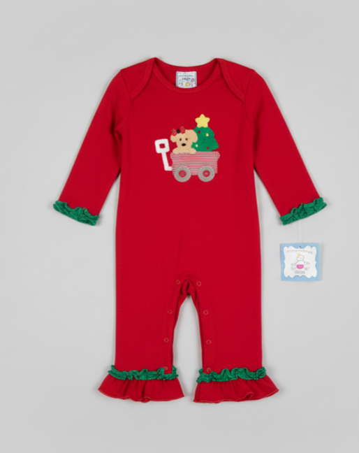 Baby Girls’ Christmas Train Romper – Red Long Sleeve Holiday Outfit with Puppy & Tree Appliqué and Green Ruffle Trim