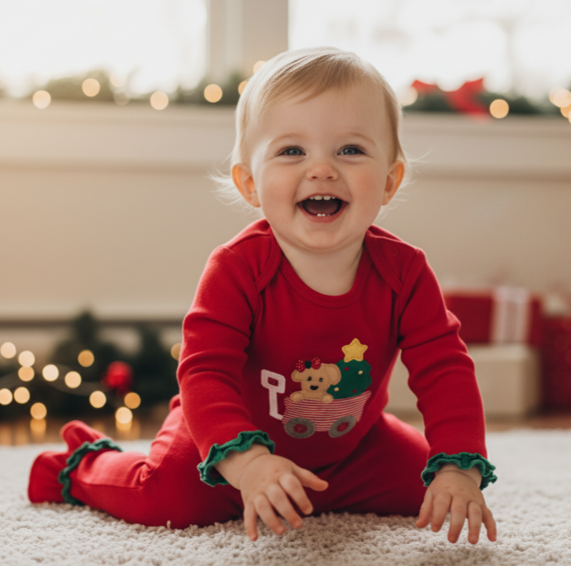 Baby Girls’ Christmas Train Romper – Red Long Sleeve Holiday Outfit with Puppy & Tree Appliqué and Green Ruffle Trim
