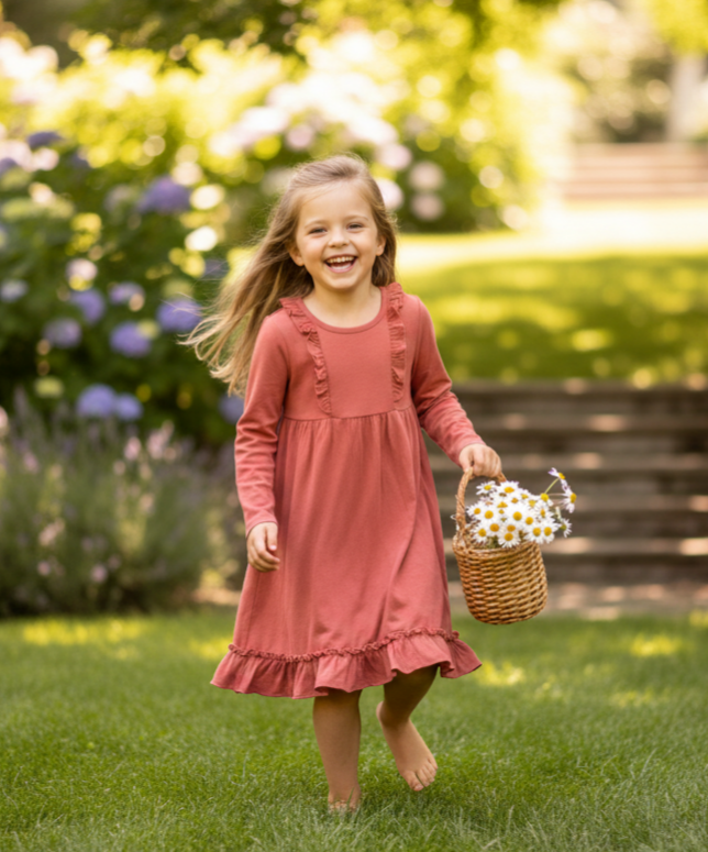 Girls’ Rust Ruffle Crossback Dress – Long Sleeve Boutique Fall Outfit with Soft Stretch Fabric