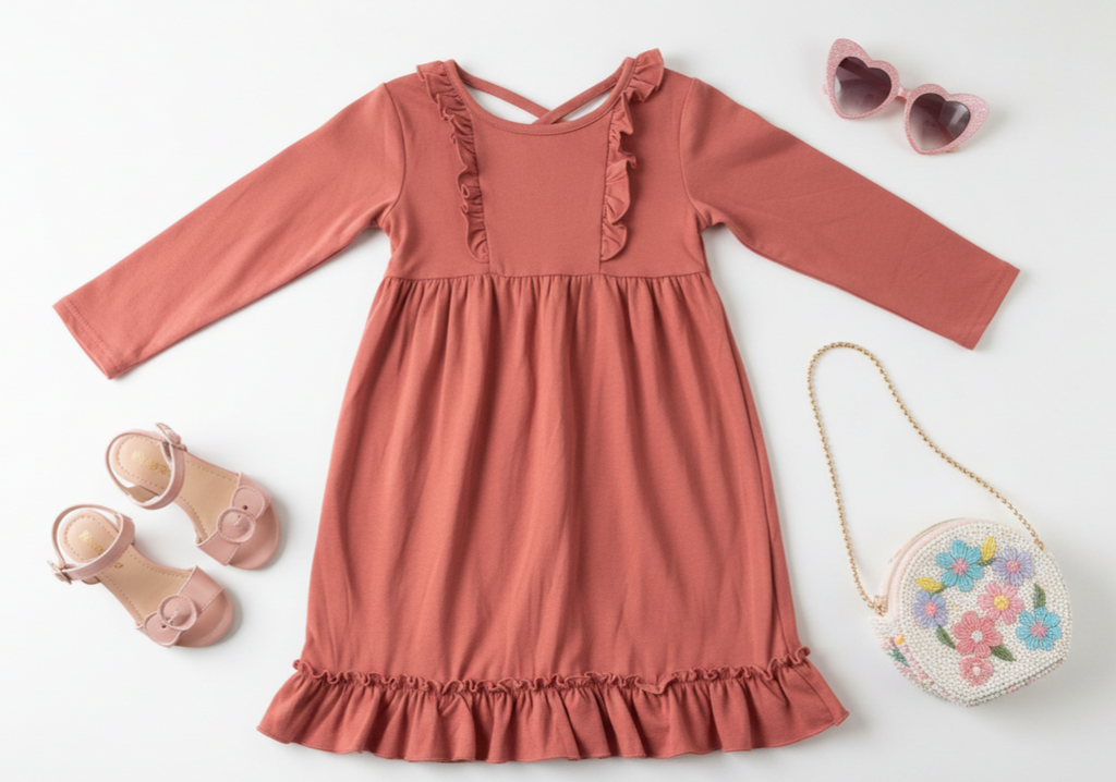 Girls’ Rust Ruffle Crossback Dress – Long Sleeve Boutique Fall Outfit with Soft Stretch Fabric