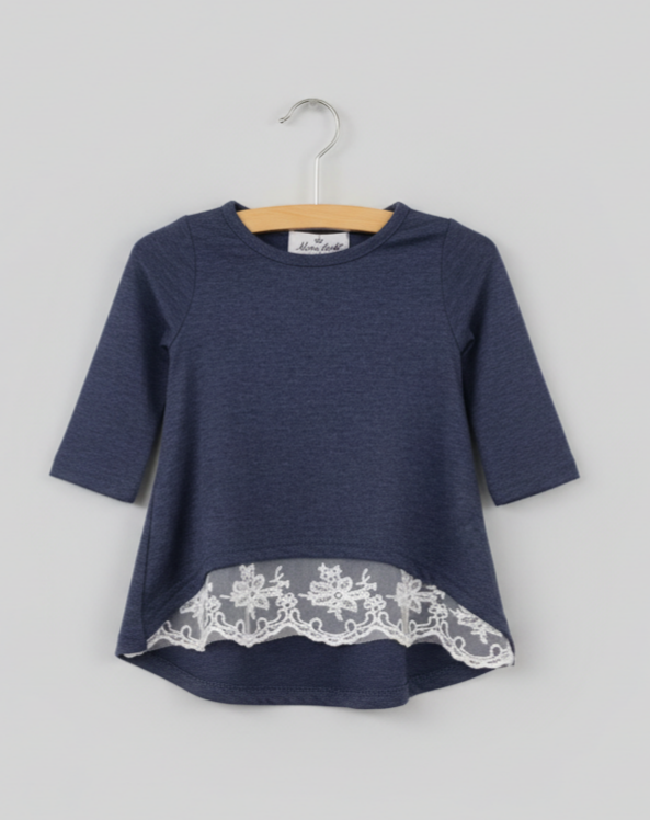 Girls’ Navy Lace Hem Swing Top – Long Sleeve Boutique Blouse for Fall & Everyday Styling