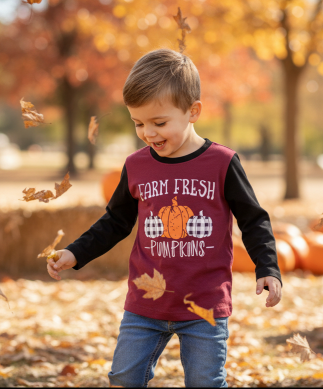 Kids’ “Farm Fresh Pumpkins” Fall Shirt – Maroon & Black Long Sleeve Tee with Rustic Pumpkin Graphic