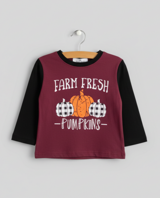 Kids’ “Farm Fresh Pumpkins” Fall Shirt – Maroon & Black Long Sleeve Tee with Rustic Pumpkin Graphic